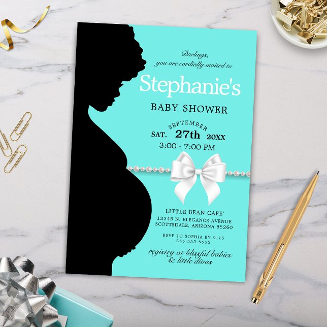 Convites Elegante Aqua Glam Chá de fraldas Étnico de Tiffan (Elegant Simple Ethnic Silhouette Tiffany Theme Baby Shower Invitation with Bow and Pearls)