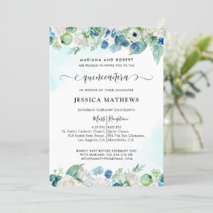 Convites Elegante Aqua Teal Quinceañera Watercolor Floral
