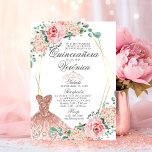 Convites Elegante Aquañera Quince Espanhol Rosa<br><div class="desc">Belo elegante Quinceañera (Mis Quince Años) convites para florais de aquarelas. Rosas cor-de-rosa embebidas em verde e falso quadro de ouro. Vestido de vestido brilhante a rosa. Modelo editável espanha convites para quinceanera - fácil adicionar seu texto - texto em espanhol. Perfeito para a festa de aniversário de 15.</div>