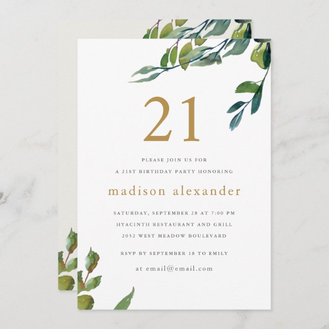 Convites Elegante Aquarela aniversário de 21 anos Botânica (Frente/Verso)