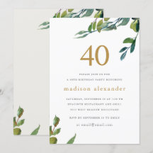 Elegante Aquarela aniversário de 40 anos Botânica