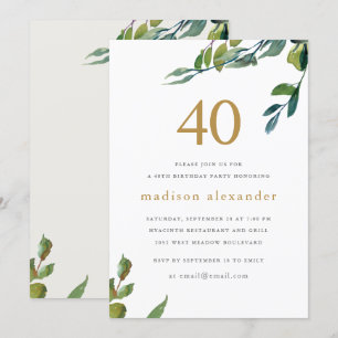 Convites Elegante Aquarela aniversário de 40 anos Botânica