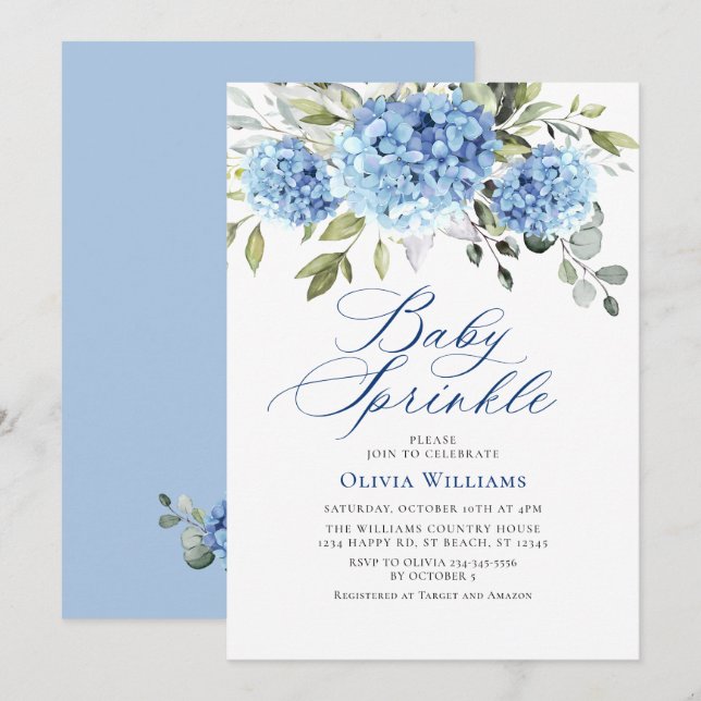 Convites Elegante Aquarela Azul Hydrangea Baby Sprinkle (Frente/Verso)
