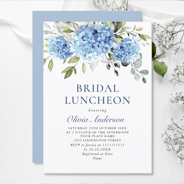 Convites Elegante Aquarela Azul Hydrangea BRIDAL LUNCHEON (Criador carregado)