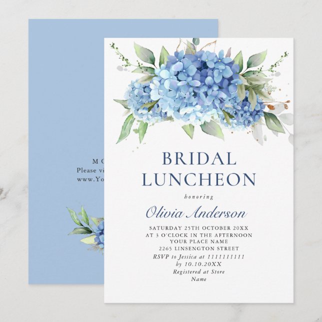 Convites Elegante Aquarela Azul Hydrangea BRIDAL LUNCHEON (Frente/Verso)