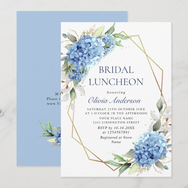Convites Elegante Aquarela Azul Hydrangea BRIDAL LUNCHEON (Frente/Verso)