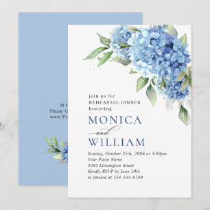Convites Elegante Aquarela Azul Hydrangea REHEARSAL JANTO