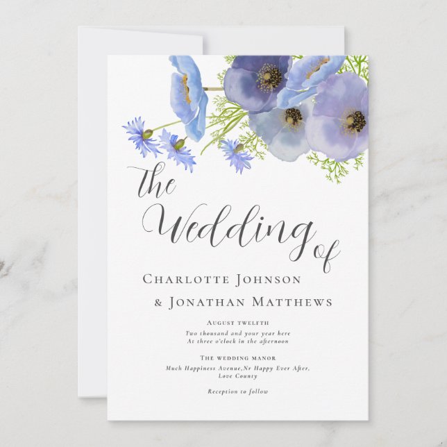 Convites Elegante Aquarela Boho Floral Casamento Azul (Frente)