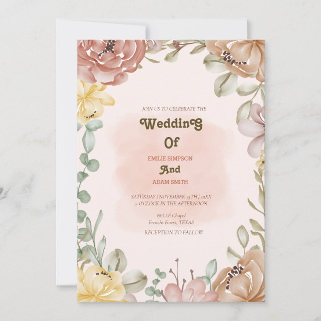 Convites elegante aquarela BOHO FLORAL WEDDING (Frente)