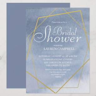 Convites Elegante Aquarela Dusty Azul Geométrico Dourado