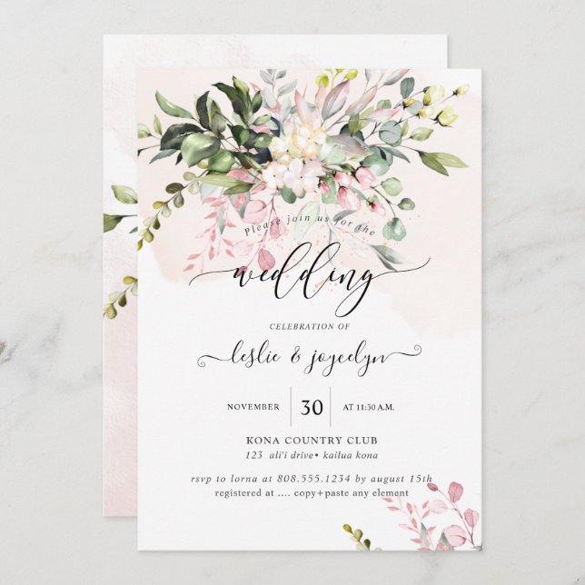 Convites Elegante Aquarela Dusty - Eucalipto Rosa-Cinza (Frente/Verso)