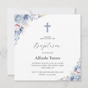 Convites Elegante Aquarela em Azul Desbotado Floral Batismo