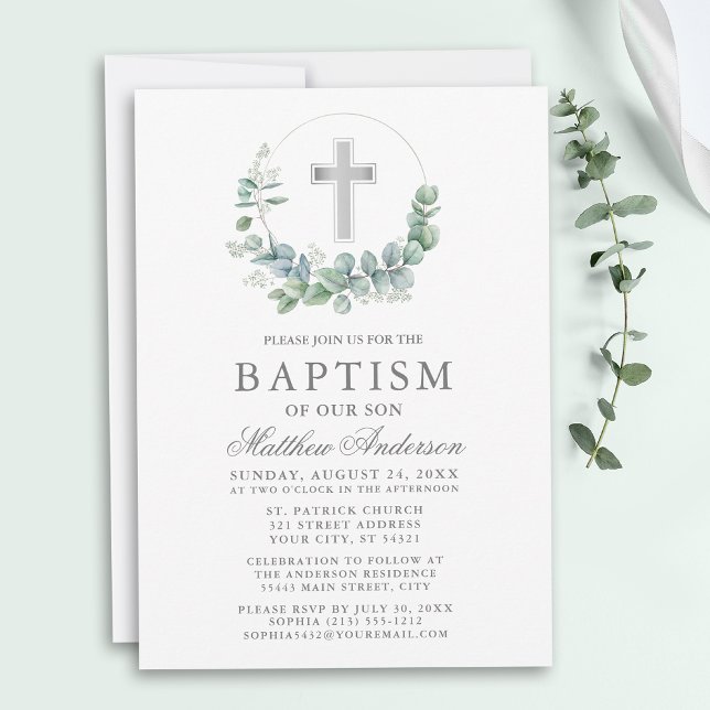 Convites Elegante Aquarela Eucalyptus Silver Baptism (Customize to change text size, style, color or to add more text or photos to back of card.)