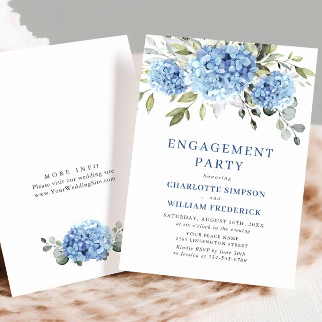Convites Elegante Aquarela FESTA DE NOIVADO Azul Hydrangea (Criador carregado)