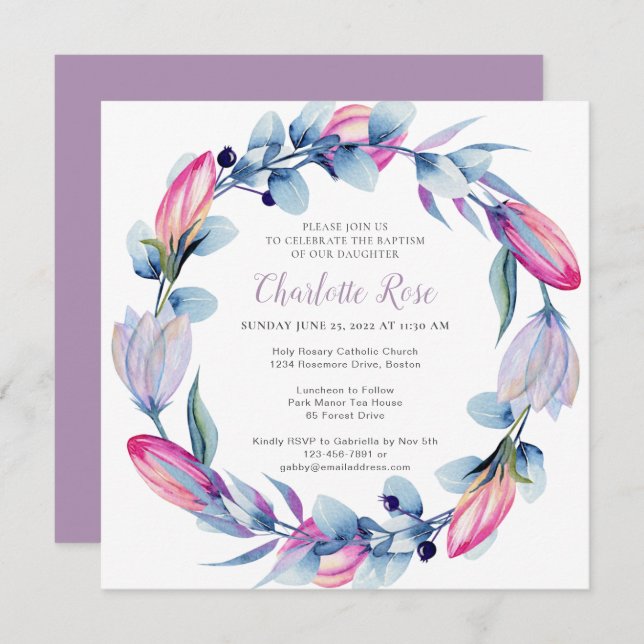 Convites Elegante Aquarela Floral Wreath Baptism (Frente/Verso)