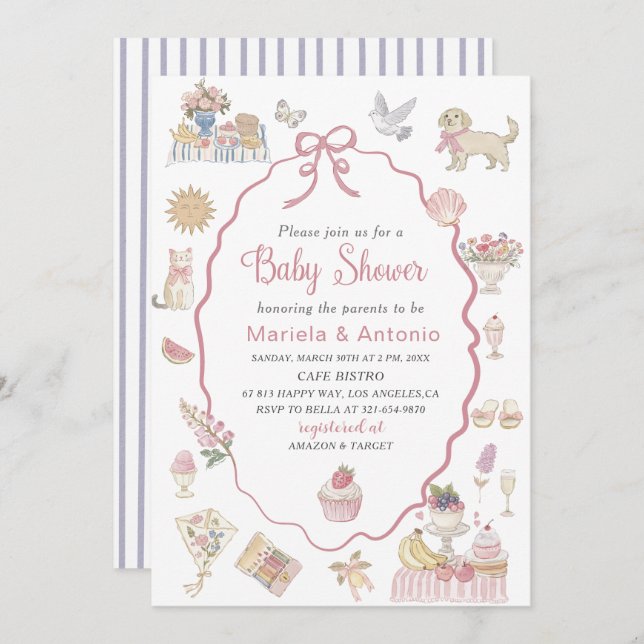 Convites Elegante Aquarela Flores Lilac Chá de fraldas Invi (Frente/Verso)