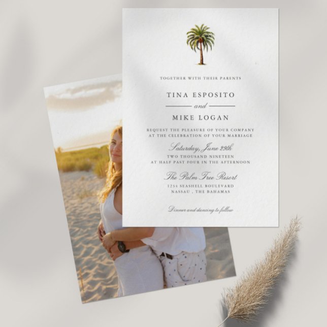 Convites Elegante Aquarela Palmeira tropical Foto Exótica (Tropical Exotic Watercolor Palm tree wedding invitation with space for your best photo on the back)