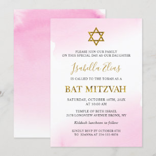 Convites Elegante Aquarela Pastel Rosa Dourado Bat Mitzvah