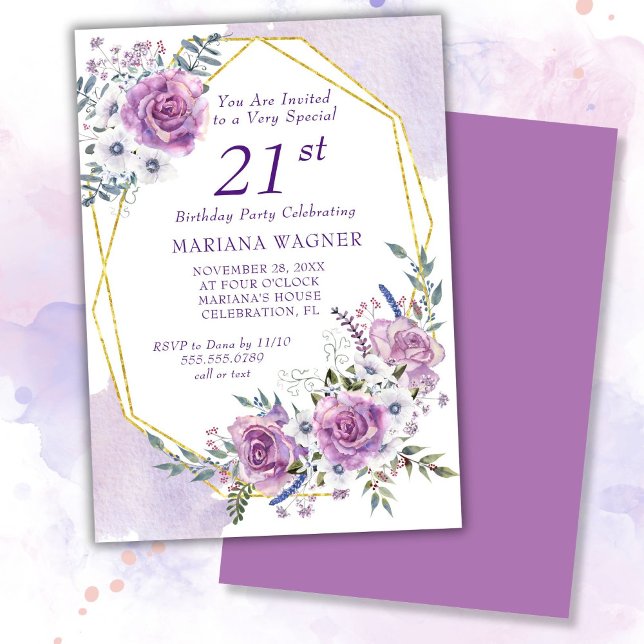 Convites Elegante Aquarela Purple Floral aniversário de 21  (Criador carregado)
