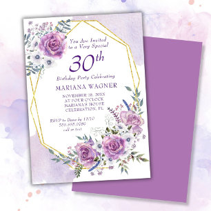 Convites Elegante Aquarela Purple Floral aniversário de 30 