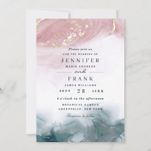 Convites Elegante Aquarela Tinta Álcool Rosa Azul Casamento