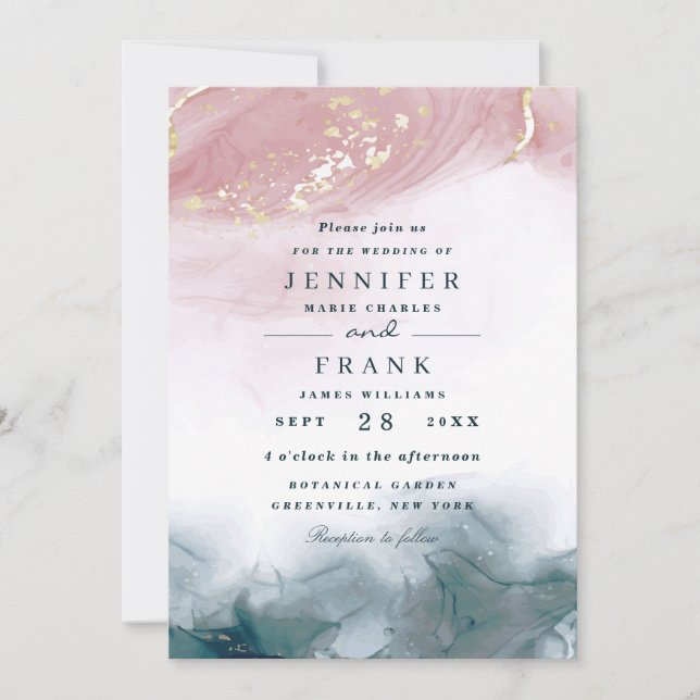 Convites Elegante Aquarela Tinta Álcool Rosa Azul Casamento (Frente)