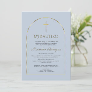 Convites Elegante Arch Dourado Dusty Blue Boy Bautizo