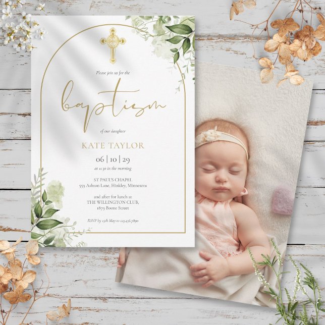 Convites Elegante Arch Dourado Greenery Foto Floral Baptism (Elegant Gold Arch Greenery Floral Photo Baptism Invitation)