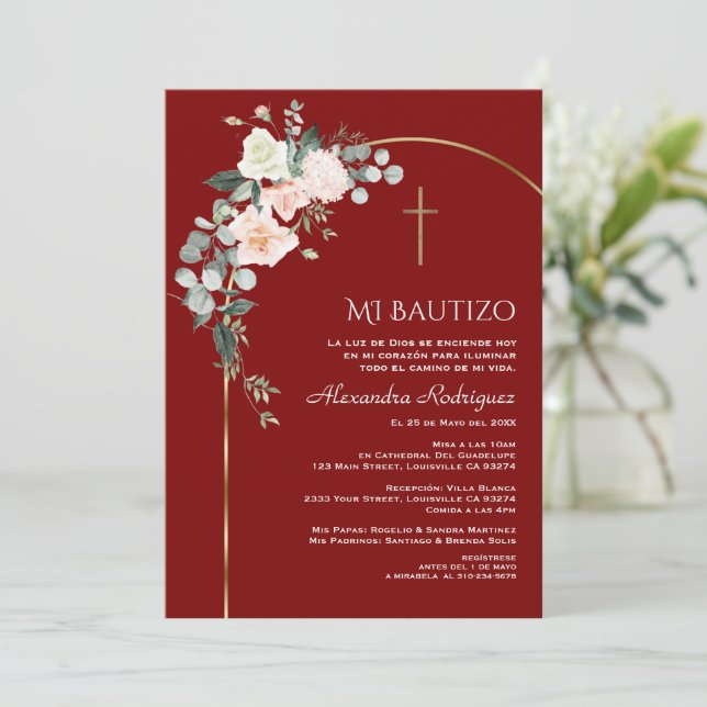 Convites Elegante Arch Floral Burgundy Espanhol Bautizo (Em pé/Frente)