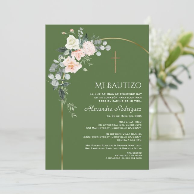 Convites Elegante Arch Floral Sap Green Bautizo (Em pé/Frente)
