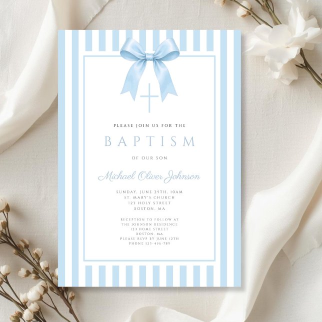Convites Elegante Arco Azul Bebê Menino Batismo (Elegant Baby Blue Bow Boy Baptism Invitation)