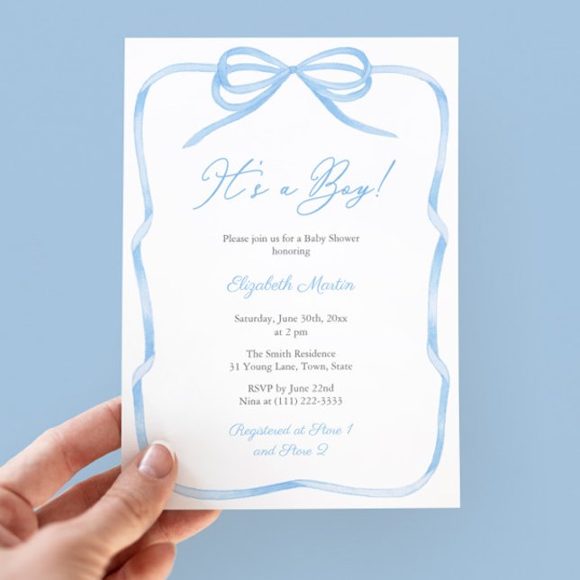 Convites Elegante Arco Azul Claro É Uma Festa Chá de fralda (It's A Boy! Classic blue and white baby shower party invitation featuring a watercolor ribbon bow)