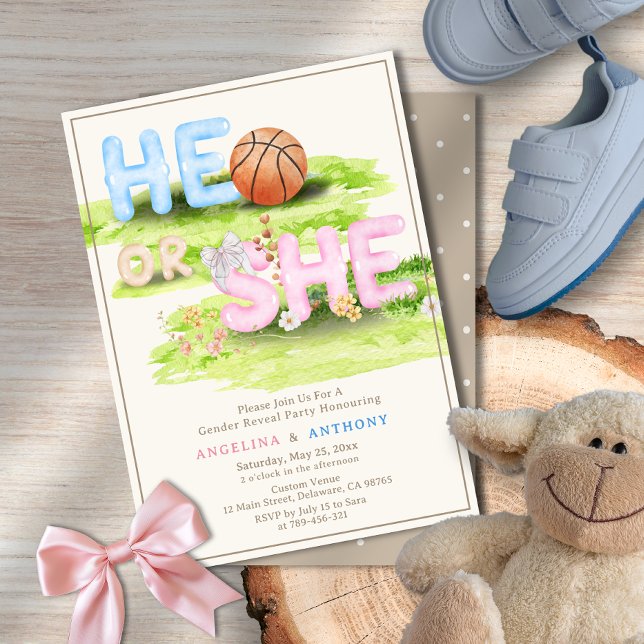 Convites Elegante Arco De Basquete De Aquarela Ele Ou Ela (Elegant Watercolor Basketball Bow He or She Invitation)