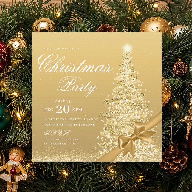 Convites Elegante Arco de Natal de Árvore de Natal a Ouro (Elegant Gold Winter Christmas Tree Bow Invitation)