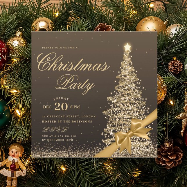 Convites Elegante Arco de Natal de Árvore de Natal Dourada  (Elegant Gold Winter Christmas Tree Bow Party Invitation)