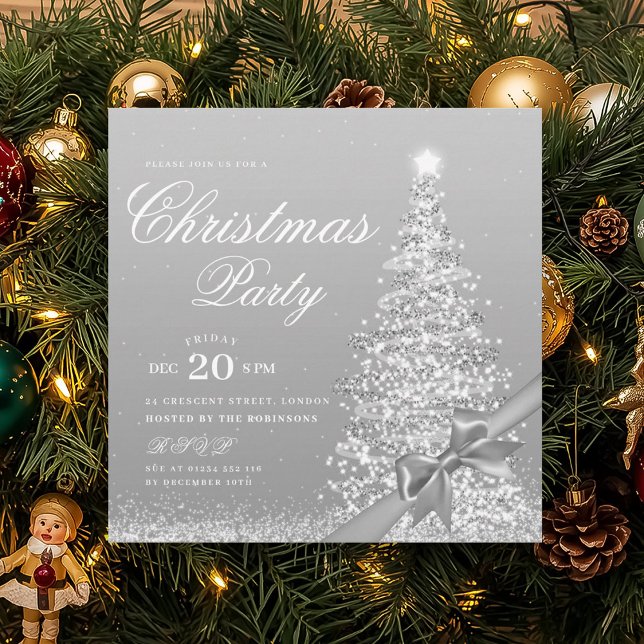 Convites Elegante Arco de Natal de Árvore de Natal Prateado (Elegant Silver Winter Christmas Tree Bow Invitation)