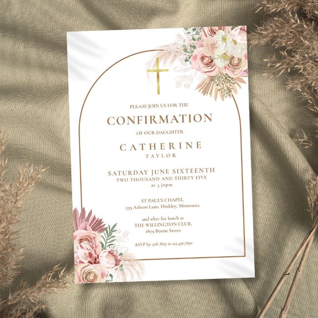 Convites Elegante Arco de Ouro com Grama de Pampas Floral p (Elegant Gold Arch Pampas Grass Floral Confirmation Invitation)