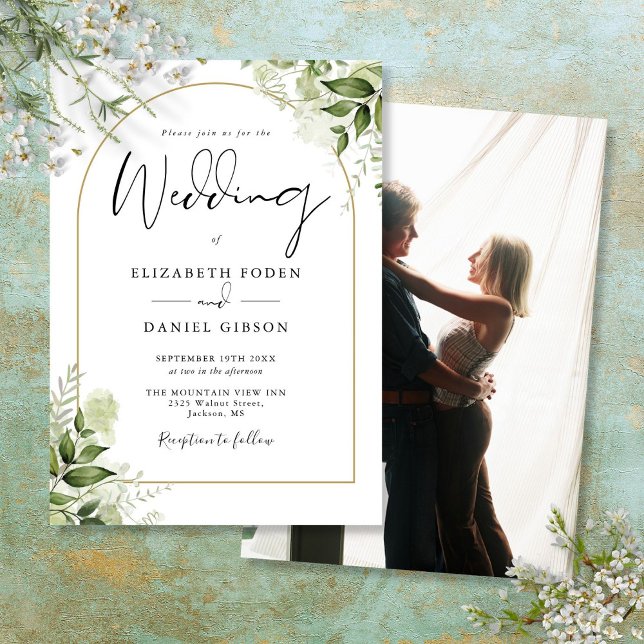 Convites Elegante Arco de Ouro com Verdura Rústica para Fot (Rustic Greenery Elegant Gold Arch Photo Wedding Invitation)