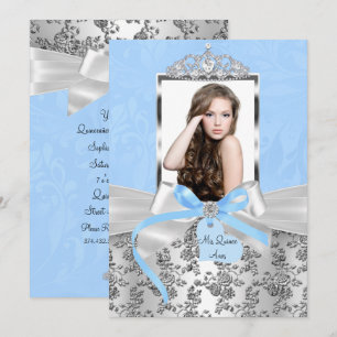 Convites Elegante Arco de Prata Azul e Rosa Foto Quinceaner
