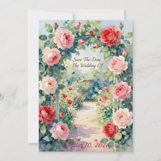 Convites Elegante Arco Floral de Jardim de Rosas em Aquarel