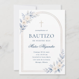 Convites Elegante Arco Floral em Azul Poeirento para Bautiz