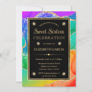 Convites Elegante Arco-íris Brilho Ágata e Ouro Sweet 16