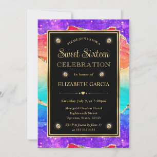 Convites Elegante Arco-Íris Brilho Ágata e Ouro Sweet 16
