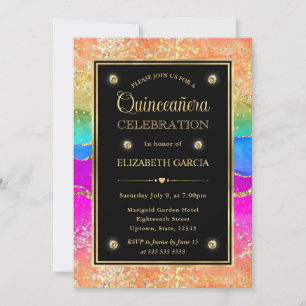 Convites Elegante Arco-íris Brilho Ágata & Ouro Quinceanera
