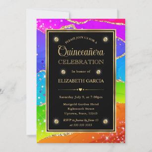 Convites Elegante Arco-íris Brilho Ágata & Ouro Quinceanera