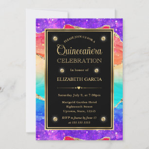 Convites Elegante Arco-íris Brilho Ágata & Ouro Quinceanera