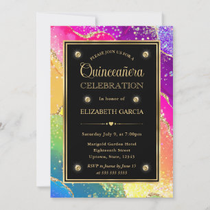 Convites Elegante Arco-íris Brilho Ágata & Ouro Quinceanera