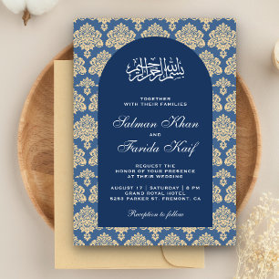 Convites Elegante Arco Islâmico de Casamento em Azul Damasc