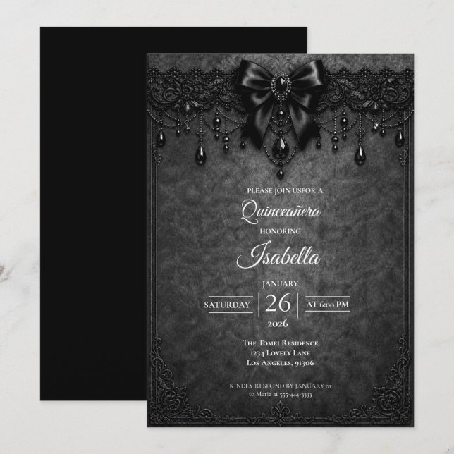 Convites Elegante Arco Preto Pérolas Quinceañera (Frente/Verso)