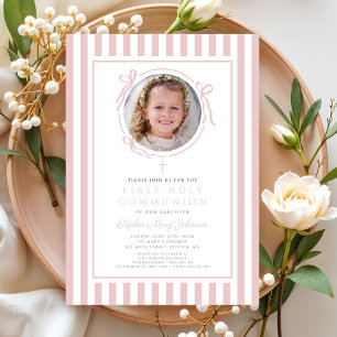 Convites Elegante Arco Rosa Bege Foto Menina Primeira Comun
